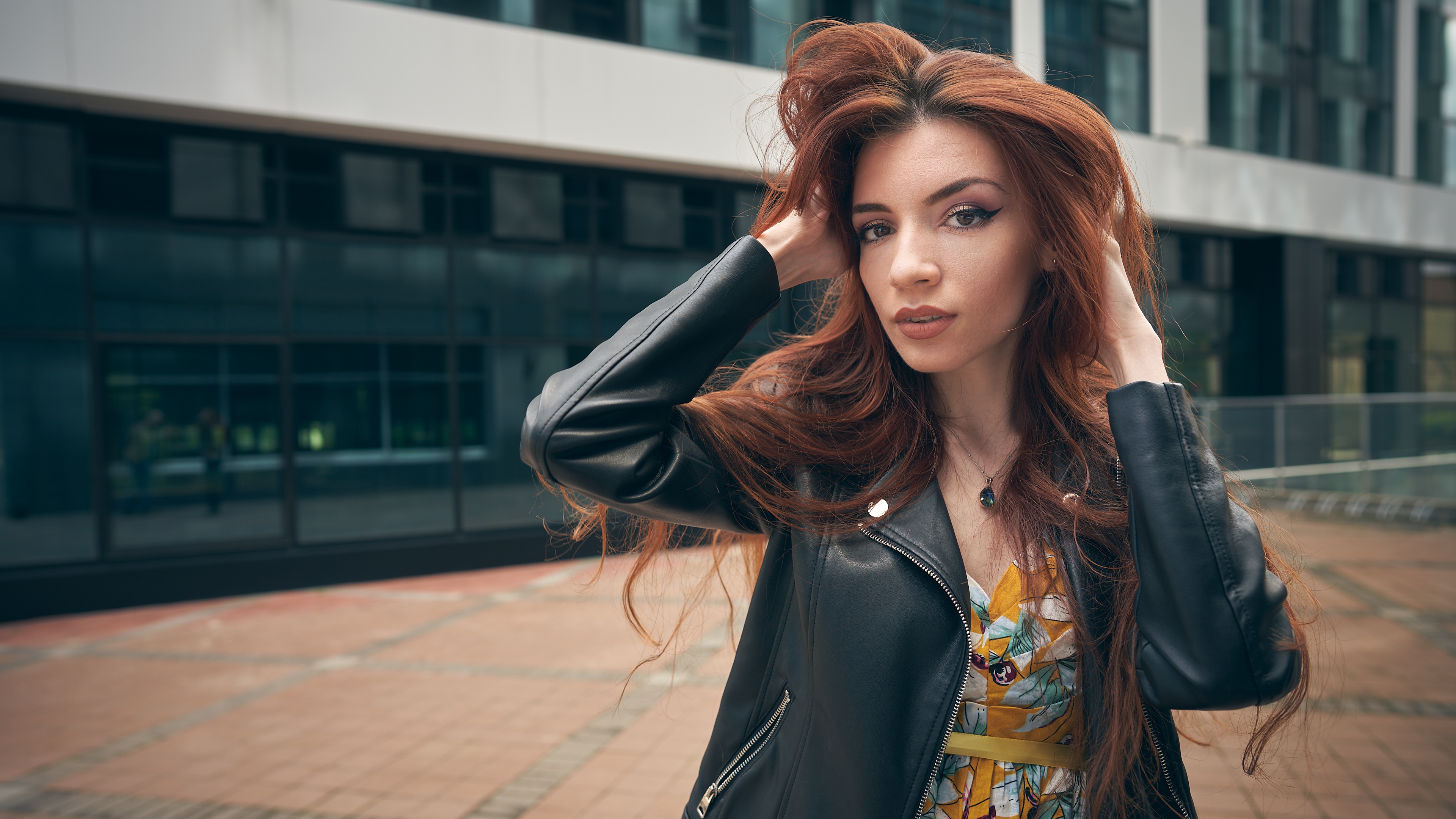 Download Leather Jacket Redhead Face Woman Model 4k Ultra HD Wallpaper