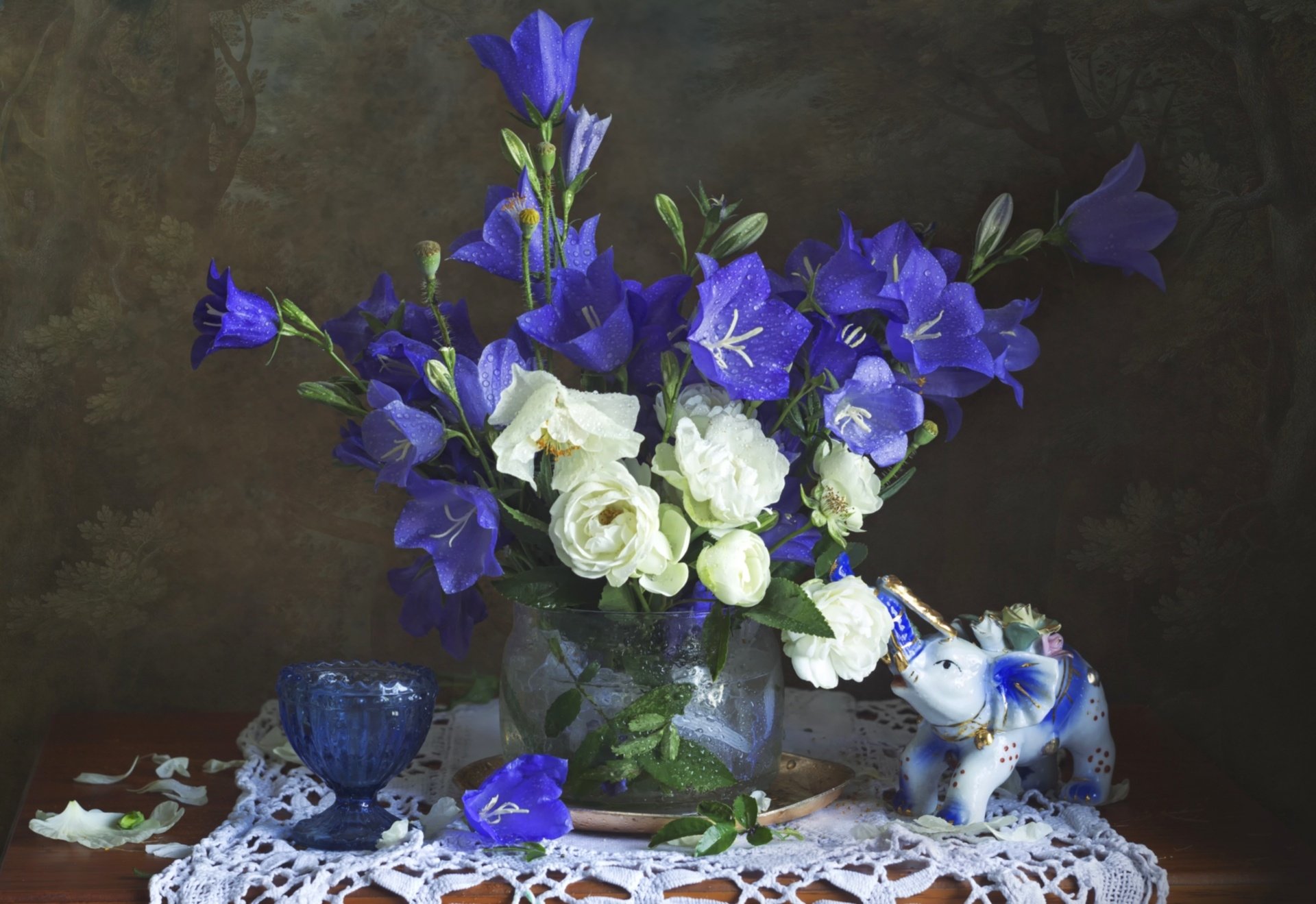 Download Figurine Elephant Bellflower Eustoma Bouquet Photography Still Life HD Wallpaper