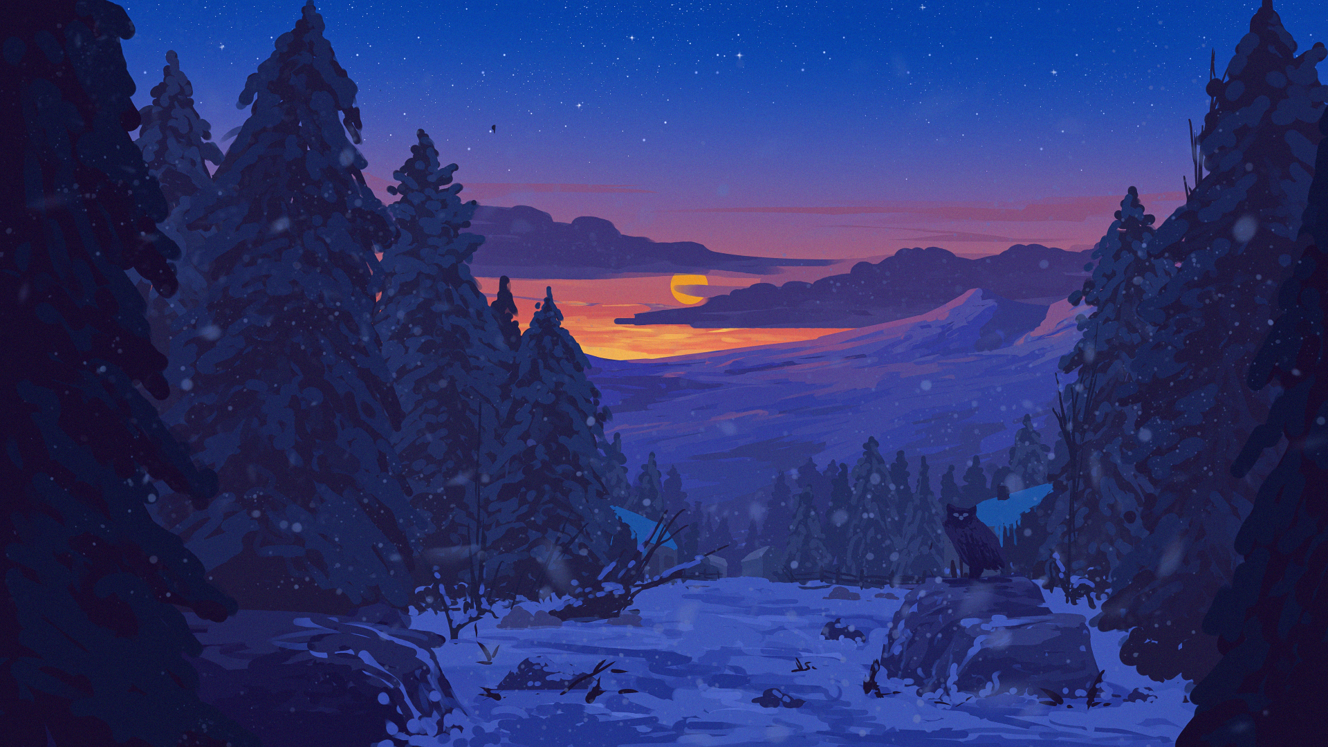 Artistic 4K Ultra HD winter landscape of a snowy forest at sunset, with a vibrant sky blending warm and cool hues over distant mountains.