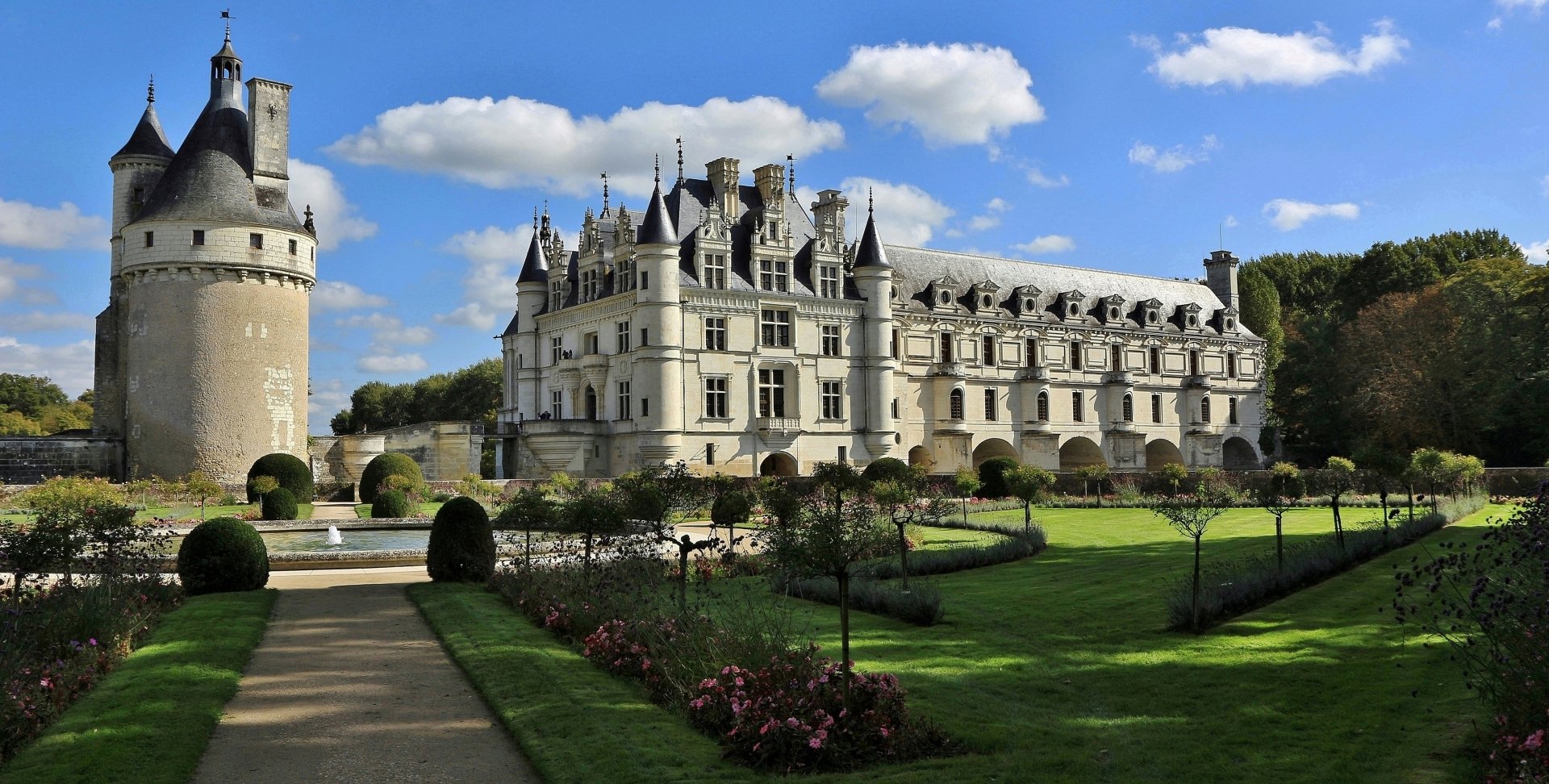Download Architecture Fountain Garden Tower France Castle Park Man Made Château De Chenonceau HD Wallpaper