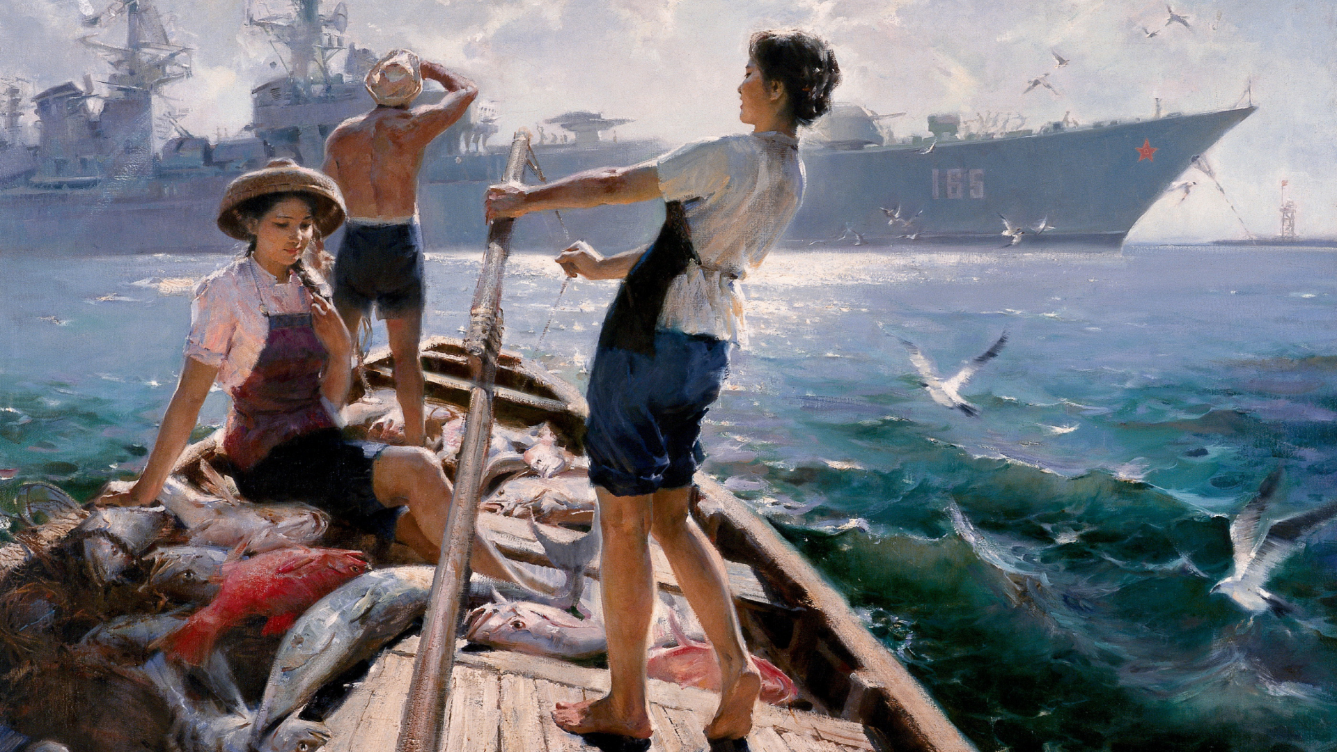 Artistic HD painting of fishermen on a fishing boat hauling in fish at sea, with a naval destroyer visible in the background, blending maritime life and military presence.