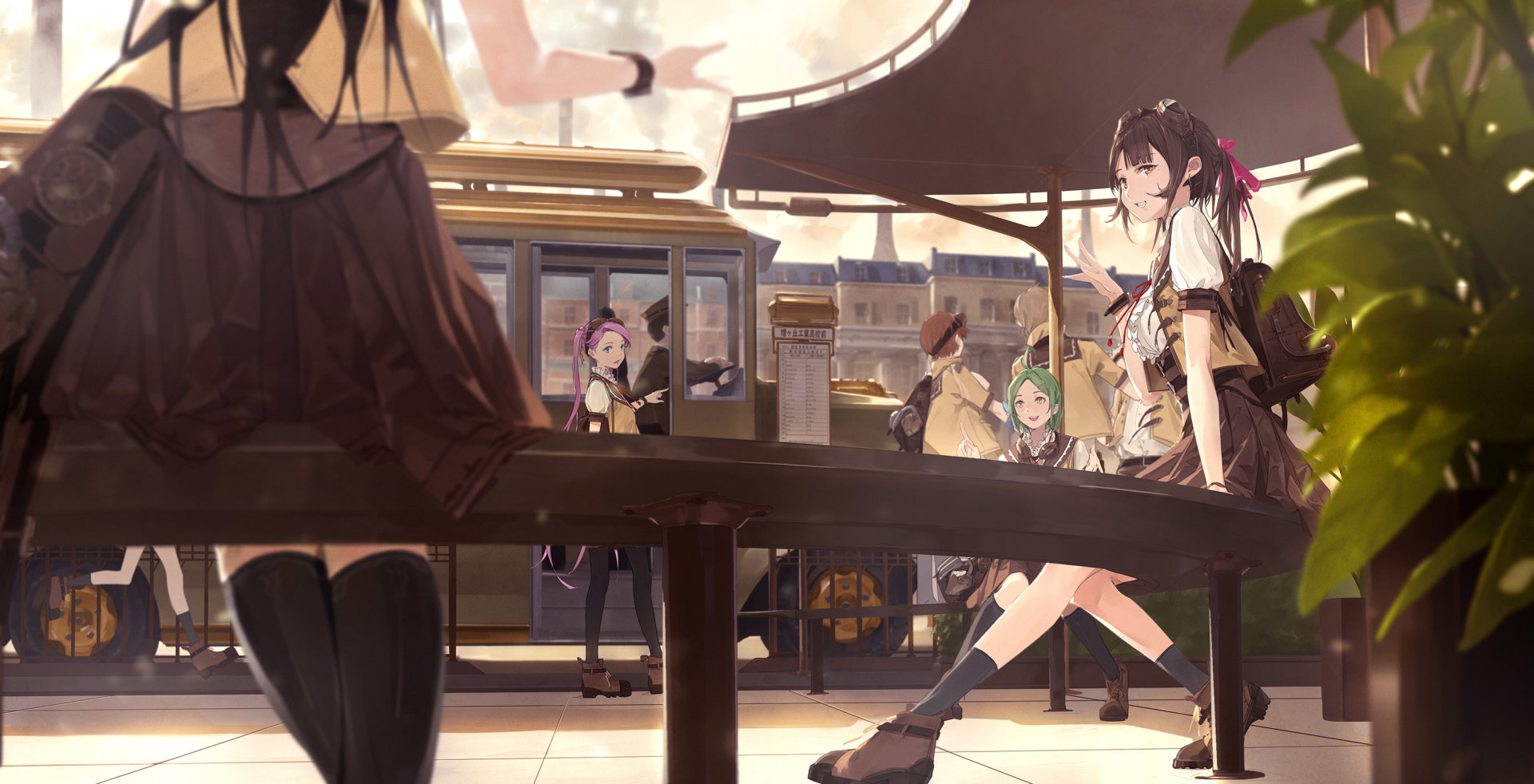 Anime scene of students in uniforms with black hair chatting on a sunlit station platform, several people framed in a detailed 2K Quad HD PC desktop wallpaper and background.