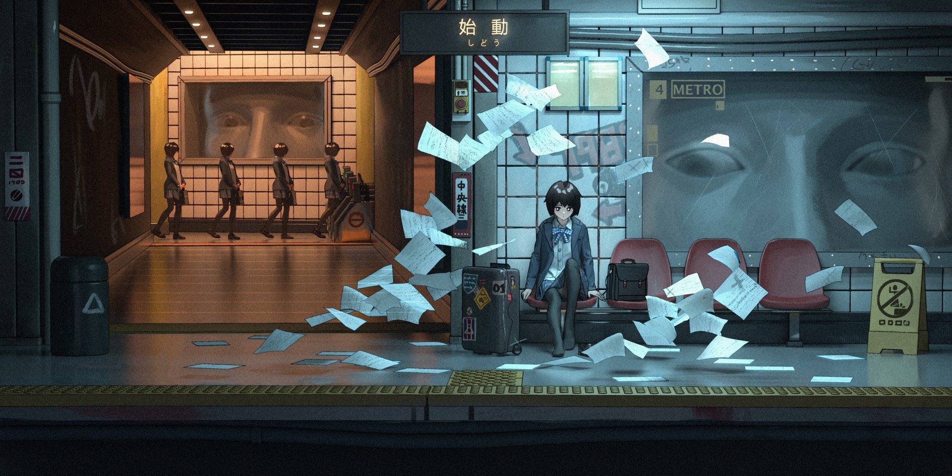 An anime character with black short hair in a uniform sits at a train station, surrounded by flying papers, while figures walk in the background. High-definition wallpaper.