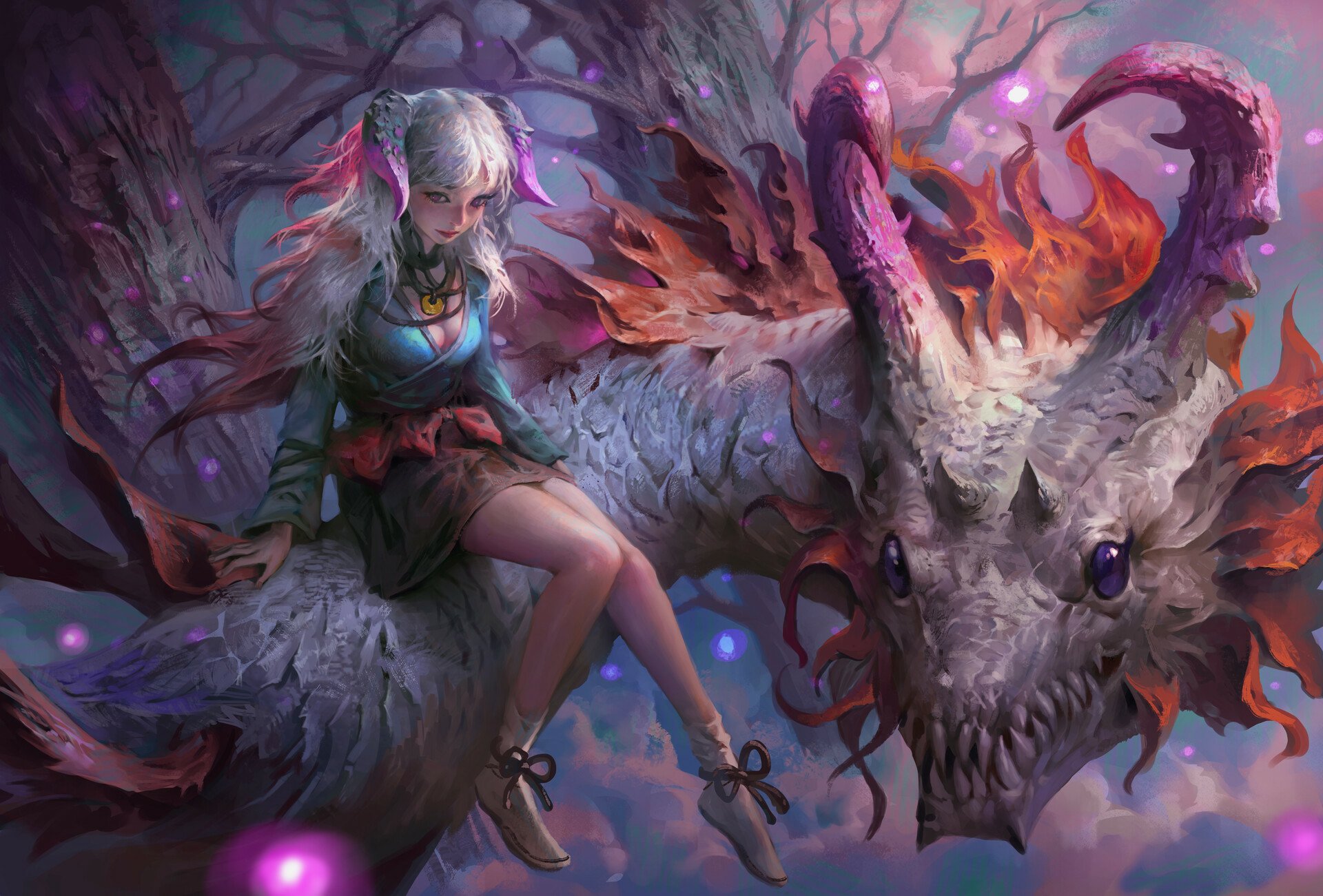Fantasy HD PC desktop wallpaper depicting a woman with long white hair sitting on a large, mystical dragon with glowing eyes amid a magical forest.