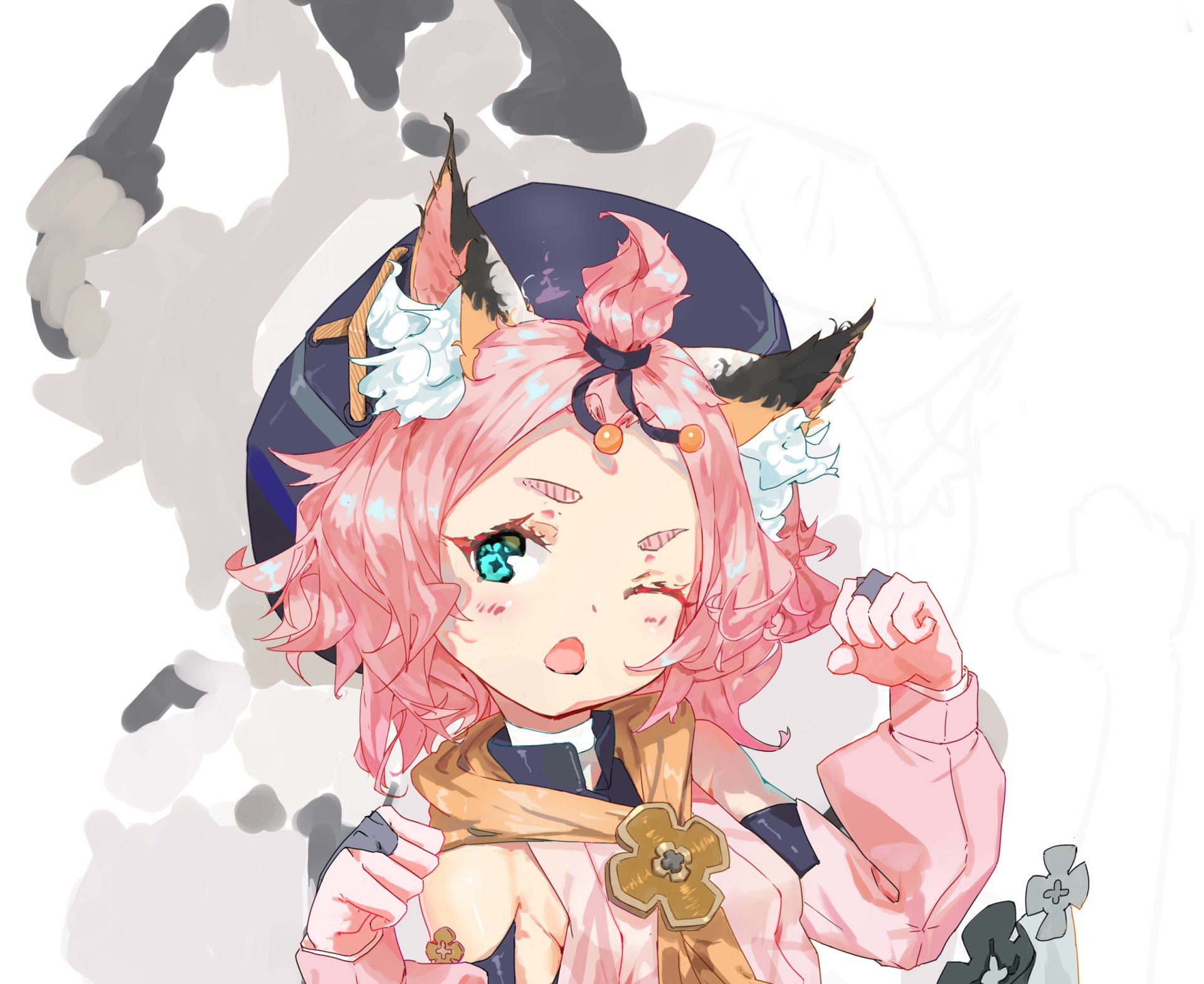 HD PC desktop wallpaper of Diona, the video game character from Genshin Impact: pink-haired, cat-eared bartender winking with a teal eye against a soft pastel background.