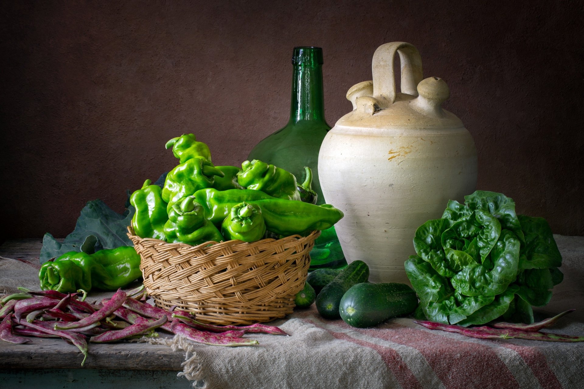 Download Vegetable Cucumber Cabbage Jug Pepper Bottle Food Still Life HD Wallpaper