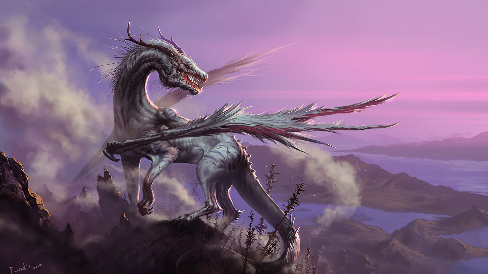 Fantasy dragon rearing on a cliff at sunset, wings unfurled over misty mountains — 4K Ultra HD PC desktop wallpaper and background.