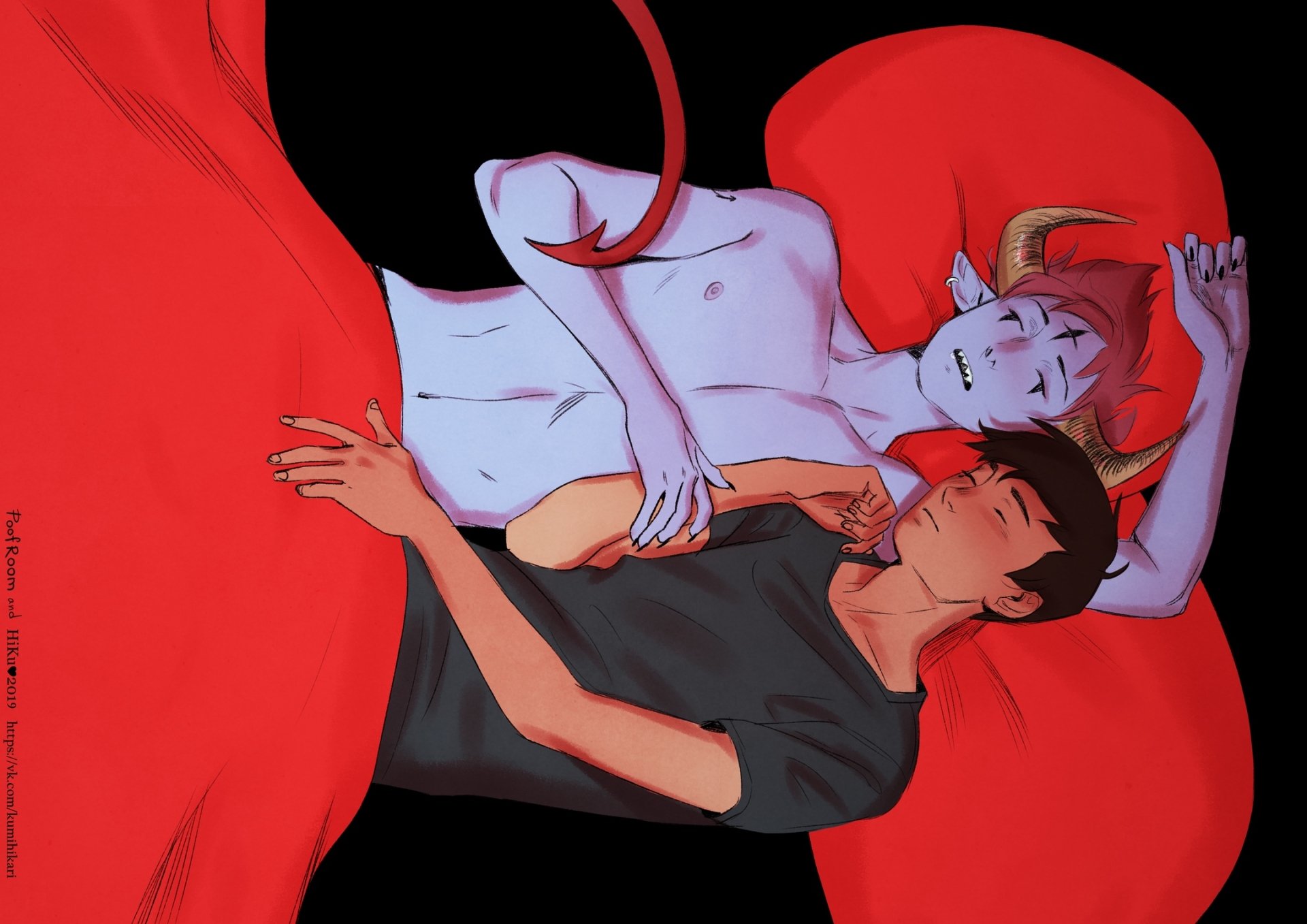 HD PC desktop wallpaper of Marco Diaz (Star vs. the Forces of Evil) lying with a pale, horned red demon-like figure curled around him on a vivid red background.