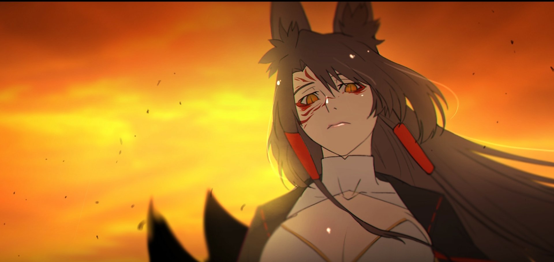 Akagi (Azur Lane) anime 2K Quad HD PC desktop wallpaper/background: fox-eared carrier at sunset, red markings, flowing hair and a stern, confident gaze.
