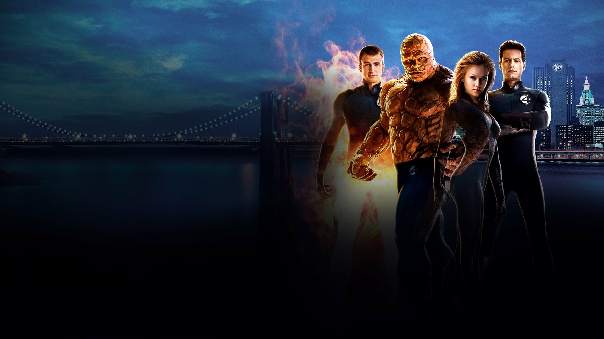 4K Ultra HD wallpaper featuring Marvel's Fantastic Four: Thing, Invisible Woman (Susan Storm), Mister Fantastic (Reed Richards), and Human Torch (Johnny Storm) in a movie-style scene.