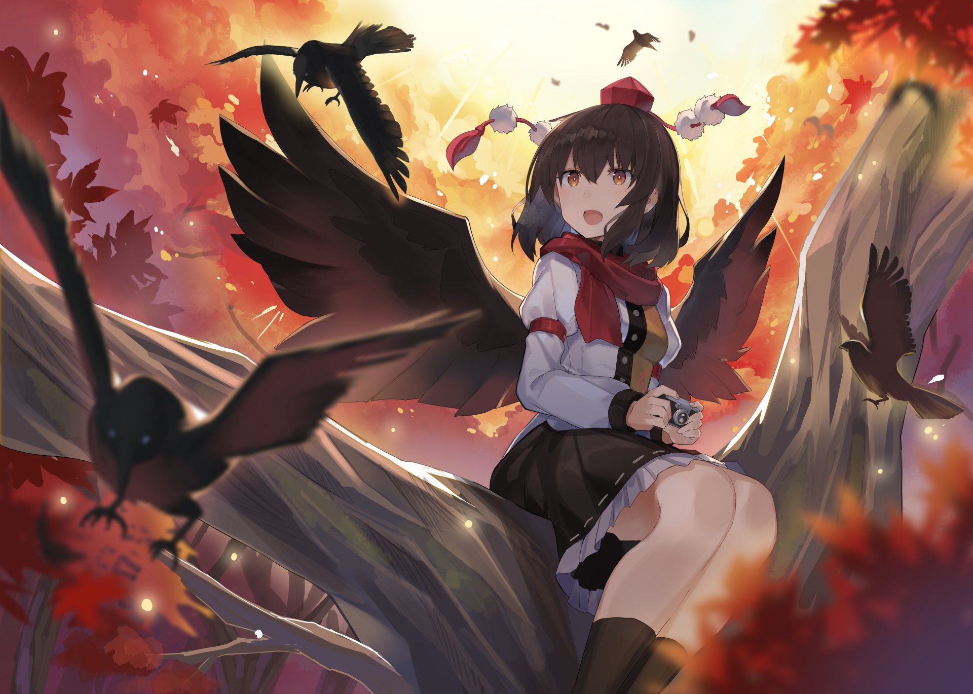 Aya Shameimaru from Touhou anime with black hair, brown eyes, and large wings, perched on a tree branch surrounded by birds in a vibrant autumn setting, 4K Ultra HD wallpaper.