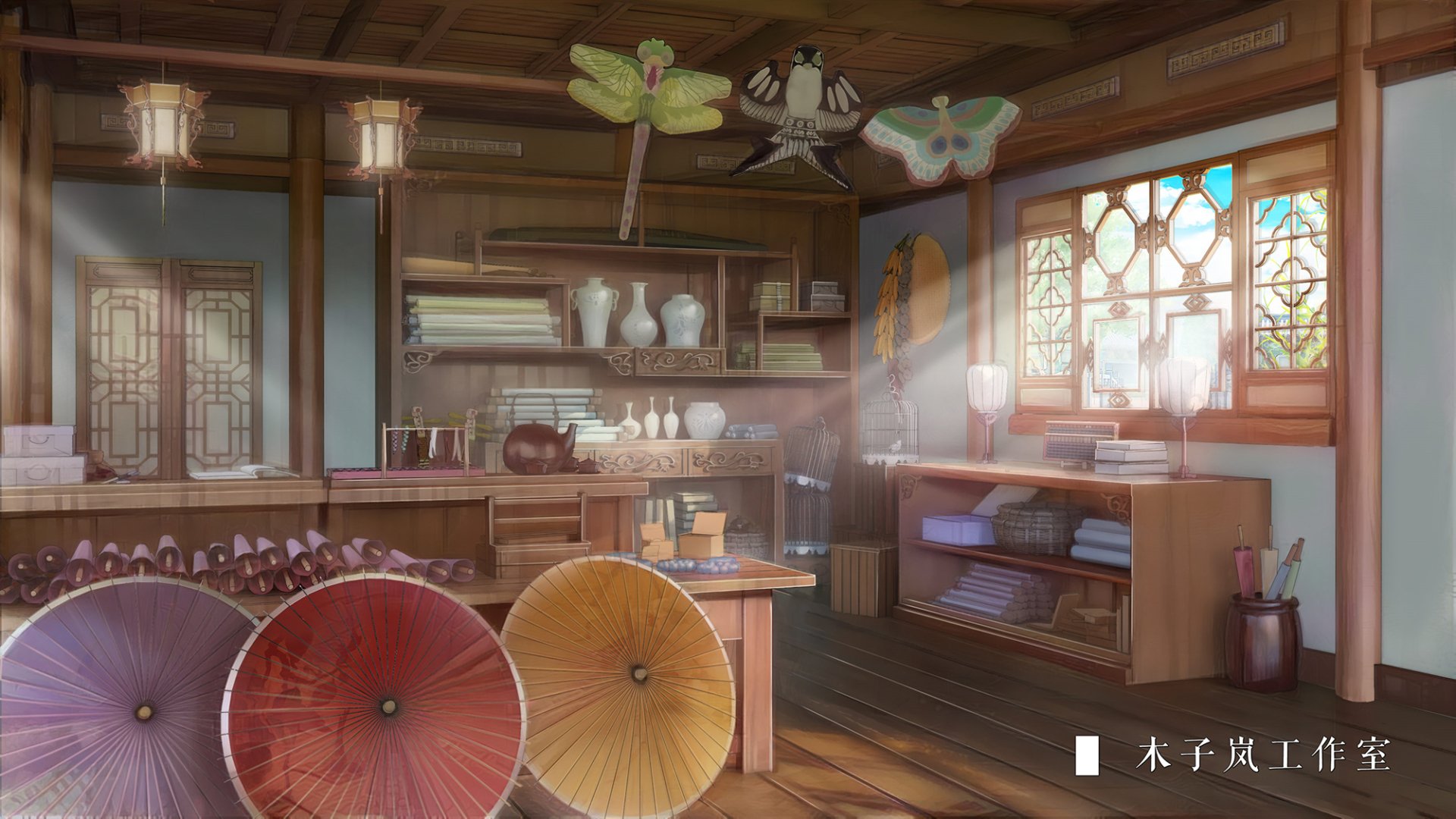 Anime room: cozy wooden studio with colorful paper parasols, shelves of ceramics and folded cloth, warm sunbeams through a stained window — HD PC Desktop Wallpaper and Background.