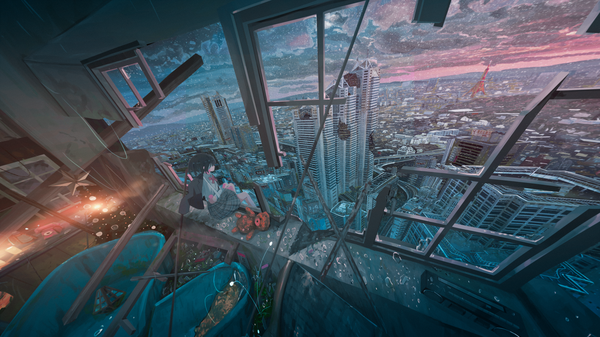 Anime character with black hair sits by a large window overlooking a futuristic cityscape at sunset. Vibrant HD desktop wallpaper and background.