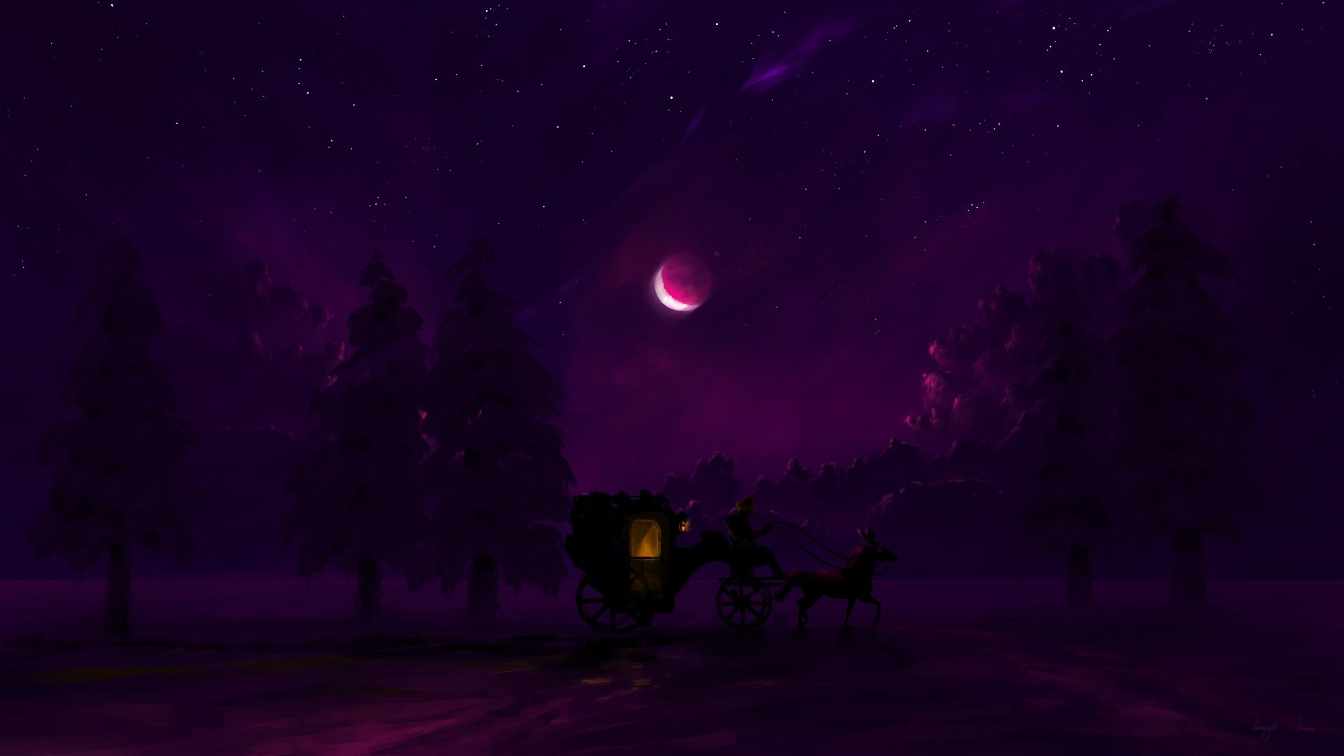 Artistic HD winter night scene with a horse-drawn carriage traveling through a snowy forest under a glowing moon, set against a deep purple sky.