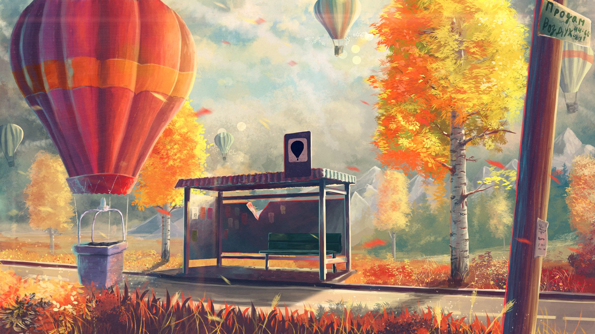 Anime-style HD desktop wallpaper depicting a colorful autumn street scene with a bus stop and hot air balloons floating in the sky.