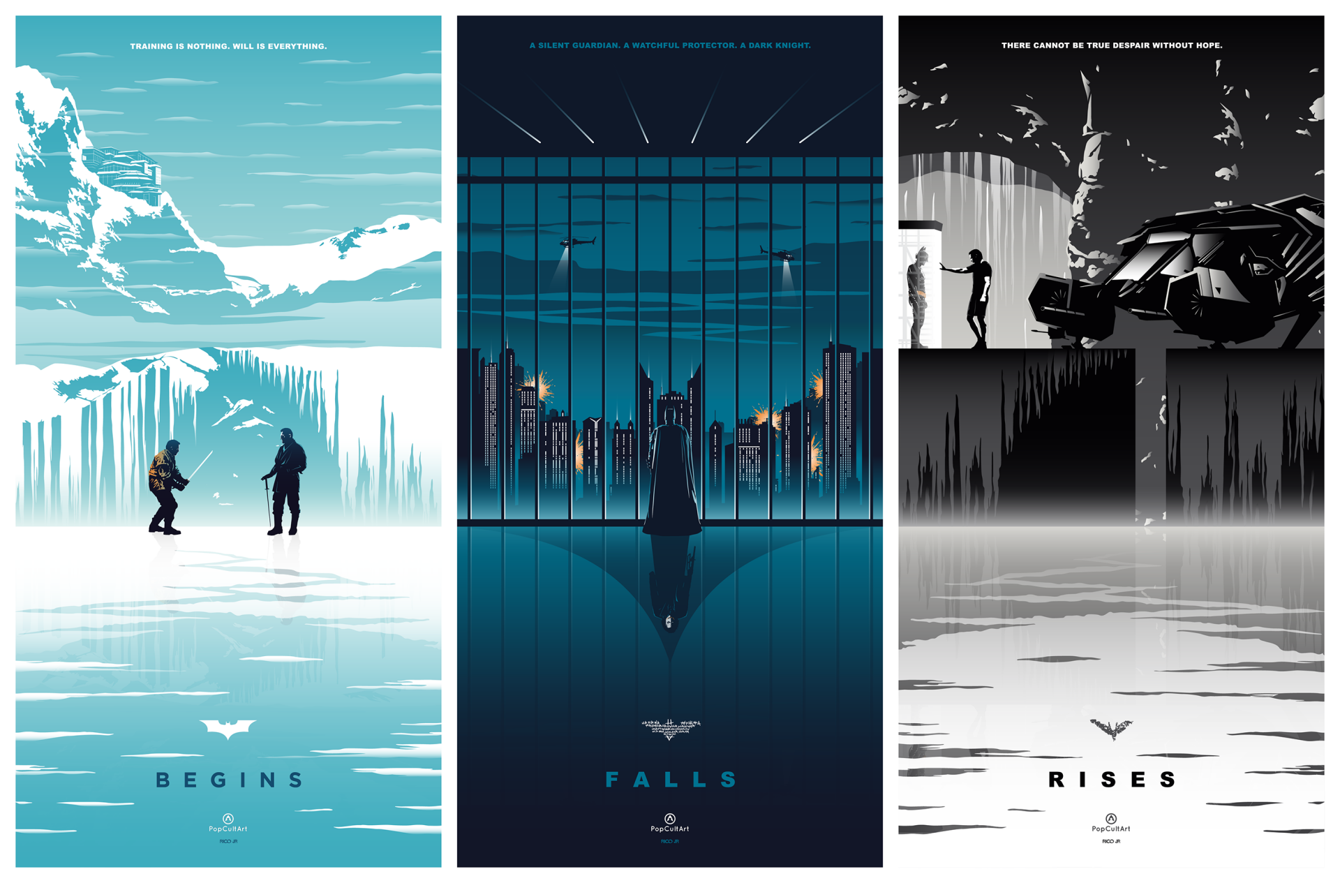 2K Quad HD PC wallpaper triptych of Bruce Wayne/Batman: Begins icy scene, Falls Gotham silhouette, Rises Batmobile tableau from Batman Begins, The Dark Knight, The Dark Knight Rises.