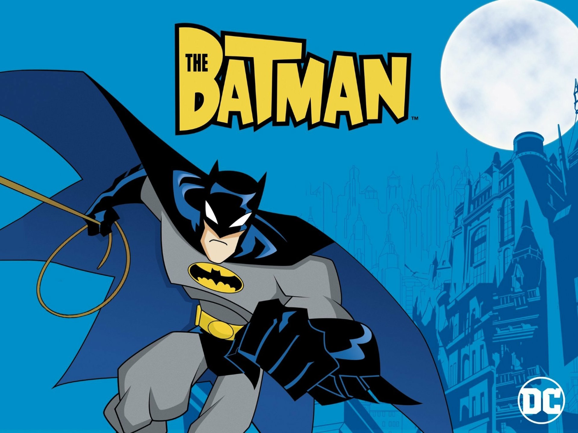HD PC wallpaper of Batman (Bruce Wayne) from The Batman TV series, cape unfurled as he leaps before a moonlit Gotham skyline with The Batman logo.