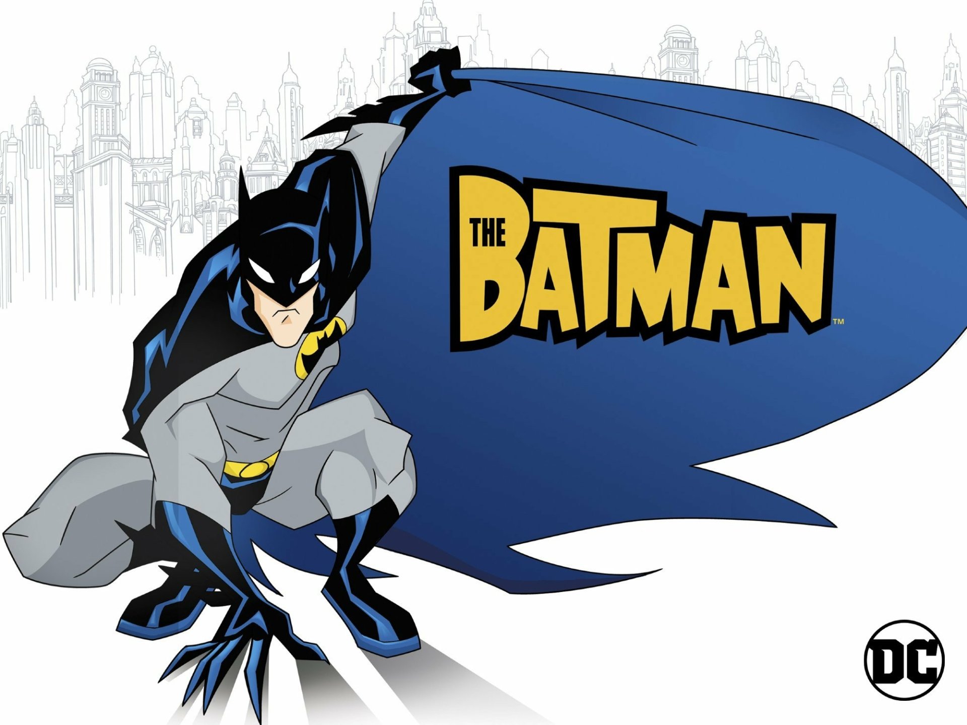 HD PC desktop wallpaper: Batman/Bruce Wayne crouching with sweeping blue cape and The Batman logo from the TV series.