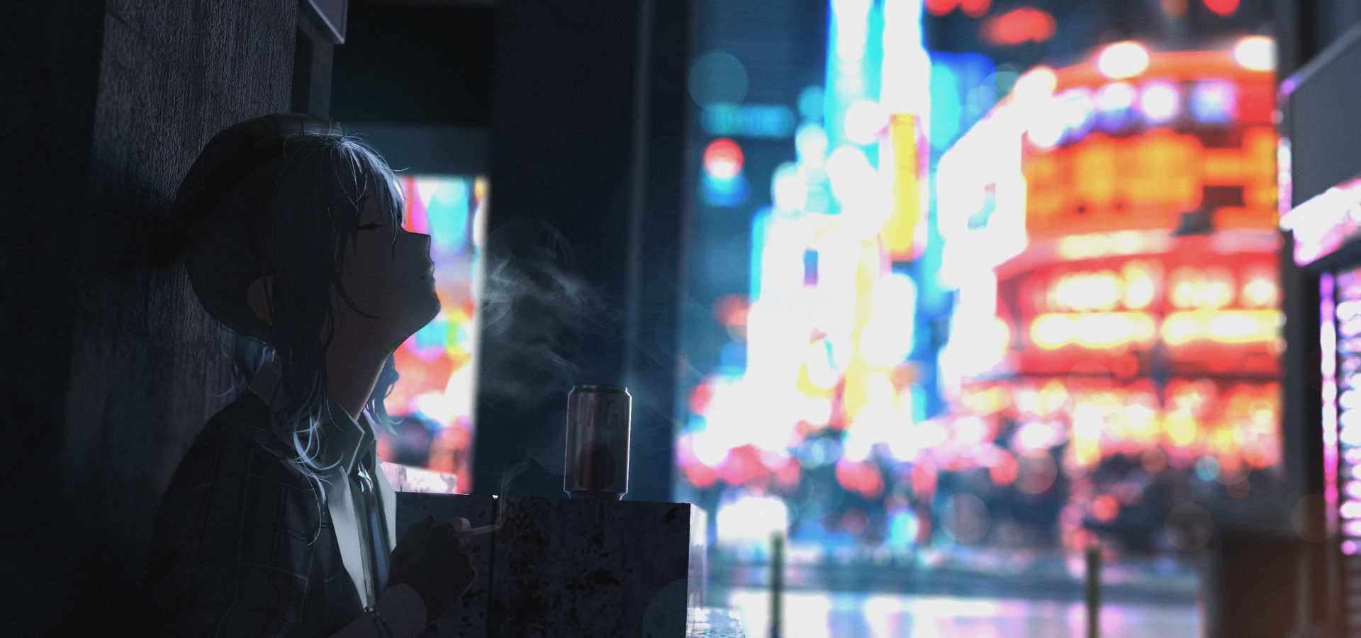 HD desktop wallpaper of Hoshimachi Suisei, an anime-style Hololive Virtual Youtuber, with a neon cityscape in the background. The scene features dramatic lighting and vibrant colors.