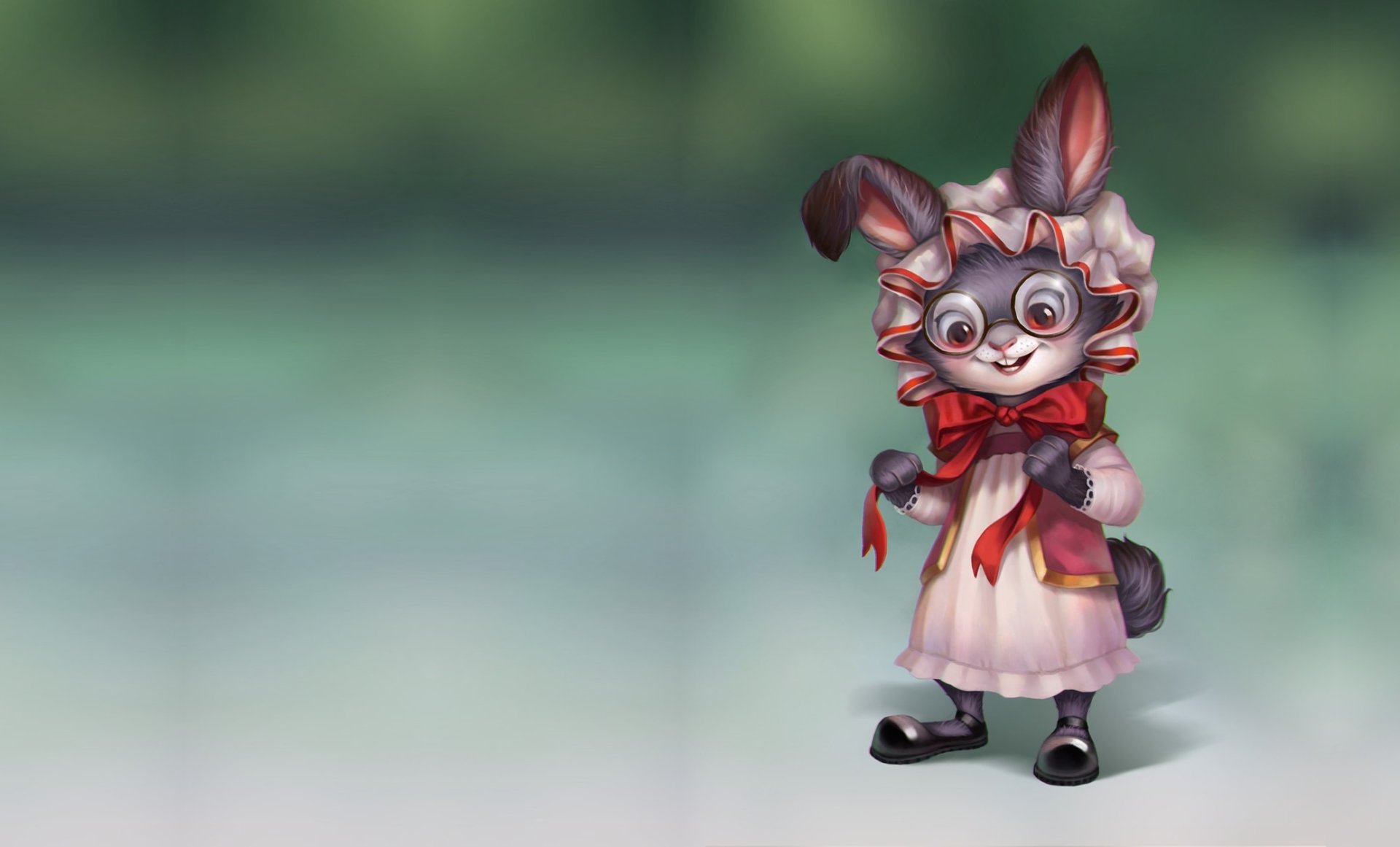 HD artistic drawing of a charming bunny wearing glasses and a red bow, set against a soft, blurred background for a PC desktop wallpaper.
