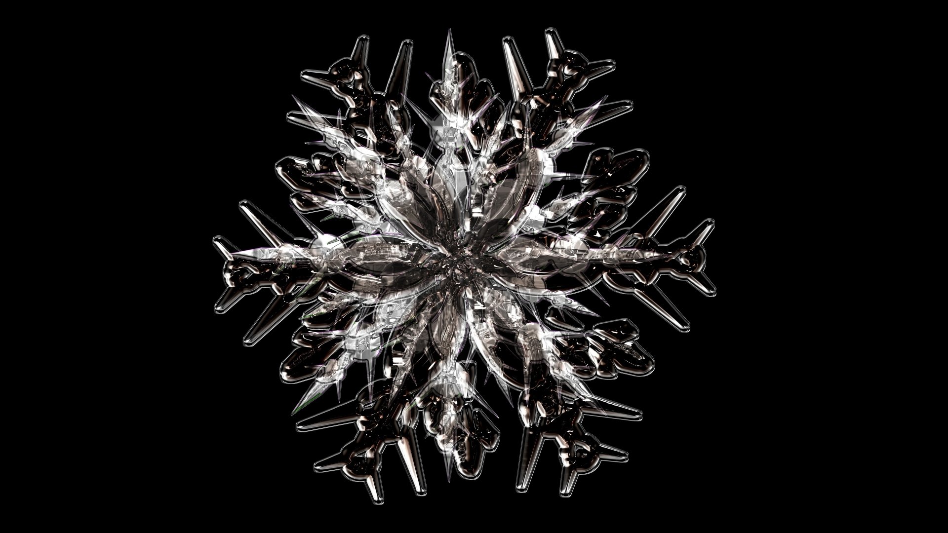 Artistic close-up of a detailed snowflake in 4K Ultra HD, set against a black background, designed as a PC desktop wallpaper and background.