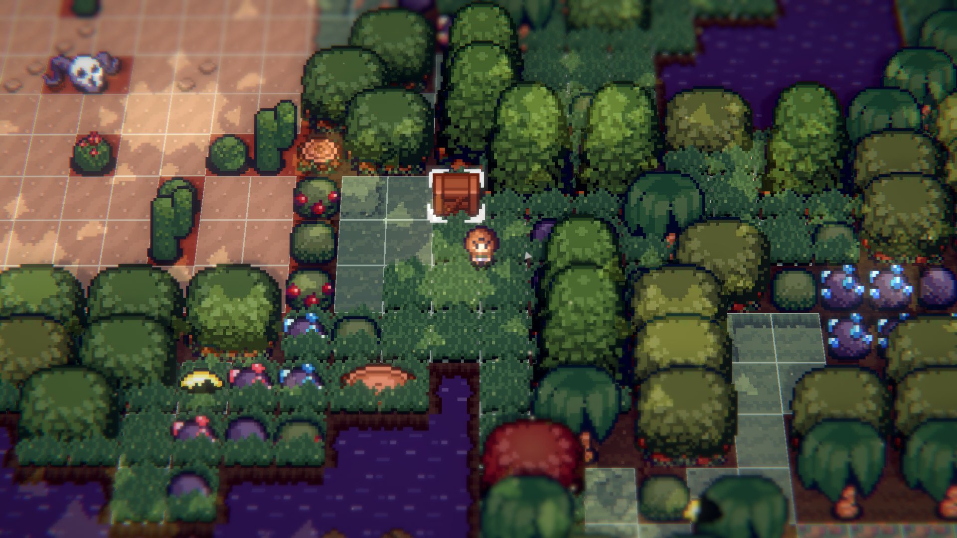 HD desktop wallpaper from Tinkertown featuring a pixelated character navigating a vibrant, forested maze.