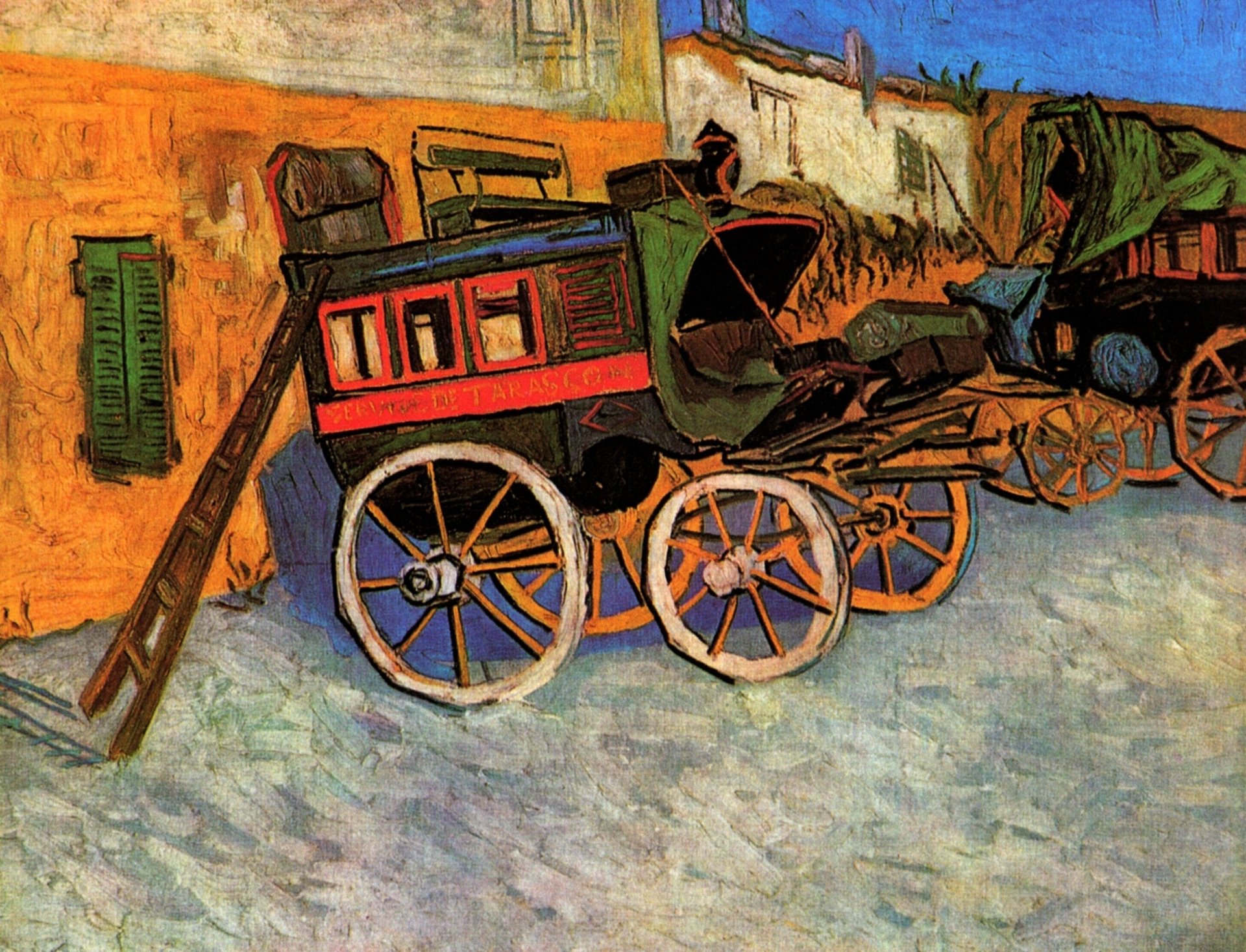 Artistic HD desktop wallpaper featuring Vincent Van Gogh's vibrant painting of horse-drawn carriages against a textured orange wall and bright blue sky.