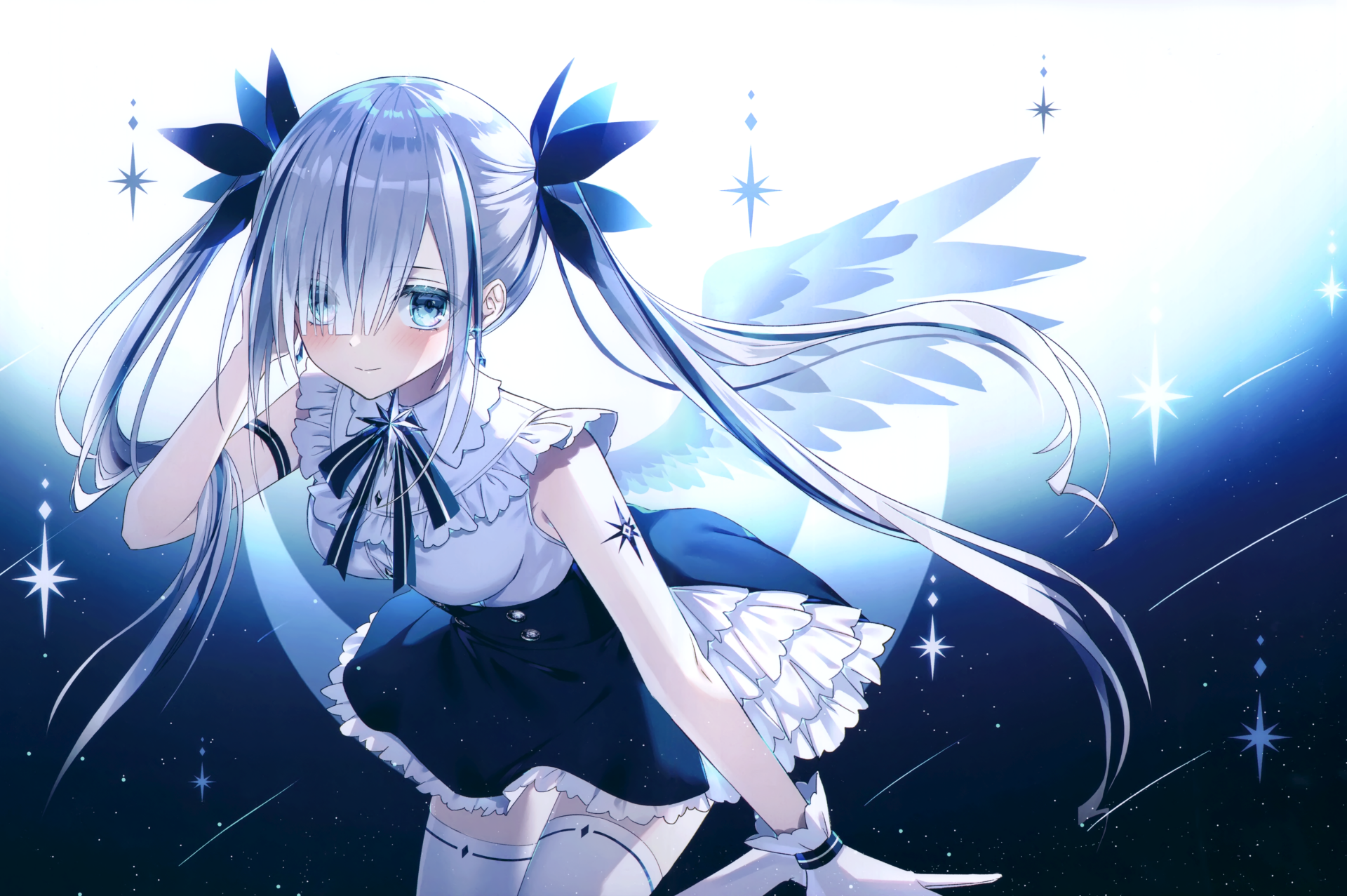 Anime angel with long white hair, blue eyes, and a skirt, set against a glowing blue background in 4K Ultra HD for a PC desktop wallpaper.