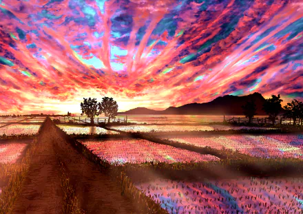 Anime-style HD desktop wallpaper depicting a vibrant sunset sky over a serene paddy field with reflective water and silhouetted trees in a natural landscape.