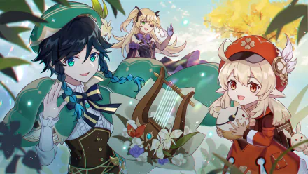 HD desktop wallpaper featuring Genshin Impact characters Venti with blue hair and a lyre, Fischl with black hair and an eye patch, and Klee in a red hat.