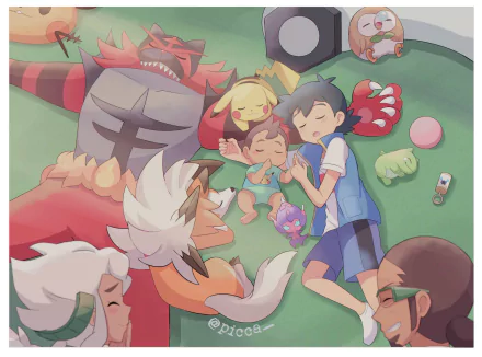 Professor Kukui (Pokemon) sleeping black hair Lei (Pokémon) Dedenne (Pokémon) Incineroar (Pokémon) socks baby Pikachu Burnet (Pokémon) Ash Ketchum Anime Pokemon HD Desktop Wallpaper | Background Image
