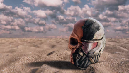 4K Ultra HD wallpaper featuring a cracked nanosuit helmet from Crysis 3 resting in a sandy desert under a dramatic cloudy sky, capturing the video game's intense atmosphere.