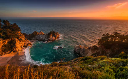 sunset California pacific ocean waterfall coast ocean Julia Pfeiffer Burns State Park McWay Falls nature big sur HD Desktop Wallpaper | Background Image