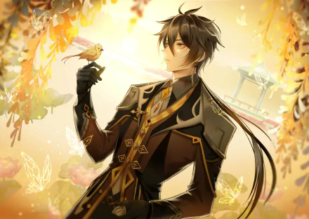 HD desktop wallpaper featuring Zhongli from the video game Genshin Impact, standing amidst golden foliage with a bird perched on his hand.