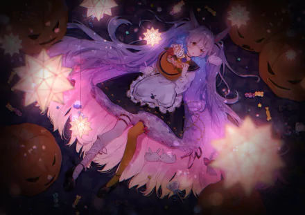 Anime Halloween HD wallpaper featuring a white-haired girl with long hair, animal ears, orange eyes, thigh highs, and a jack-o'-lantern surrounded by glowing lights and pumpkins.