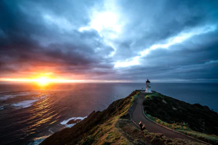 pacific ocean New Zealand ocean sunset sky sea road man made lighthouse HD Desktop Wallpaper | Background Image