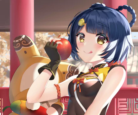 HD desktop wallpaper featuring Xiangling from the video game Genshin Impact, holding a red apple with her companion Guoba in the background.