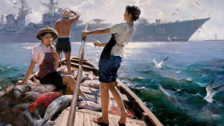 Artistic HD painting of fishermen on a fishing boat hauling in fish at sea, with a naval destroyer visible in the background, blending maritime life and military presence.