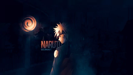 HD PC desktop wallpaper featuring Naruto Uzumaki from the anime Naruto, with a dark, moody background and the iconic spiral symbol glowing behind him.