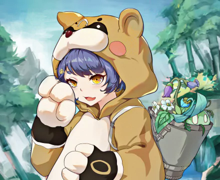 HD PC desktop wallpaper featuring Xiangling from the video game Genshin Impact, dressed in a cute animal-themed outfit in a vibrant forest setting.