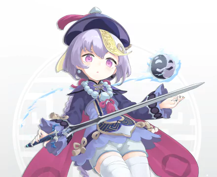 HD PC desktop wallpaper of Qiqi (Genshin Impact): purple-haired character in her outfit holding a sword with a ghostly wisp beside her, video game background.