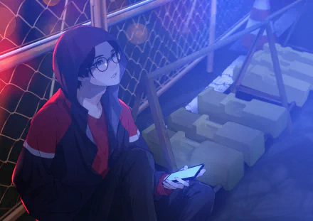 An anime boy wearing glasses sits against a fence at night, holding a phone. The scene is illuminated by vibrant neon lights, creating a captivating 4K Ultra HD background.