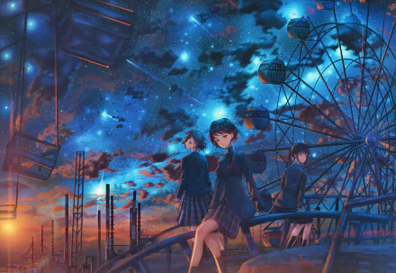 Anime-style sunset scene with three people in uniforms and short hair near a ferris wheel under a vibrant starry sky, rendered in HD for PC desktop wallpaper.