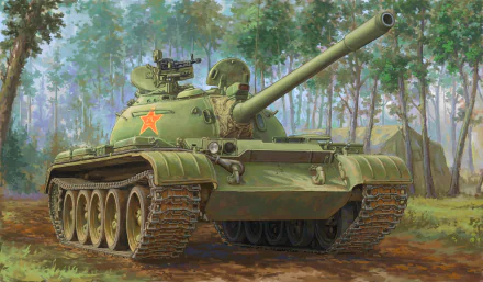 HD desktop wallpaper featuring a Type 59 military tank positioned on a forest path with trees in the background.