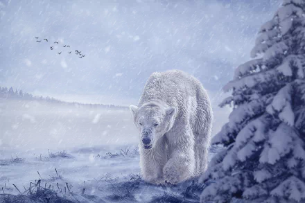 A majestic polar bear wanders through a snowy landscape, surrounded by falling snowflakes, with birds flying in the distance. This stunning 4K Ultra HD wallpaper captures serene winter beauty.