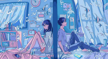 HD anime wallpaper featuring a couple sitting in separate underwater-themed rooms with fish and bubbles, both holding phones.
