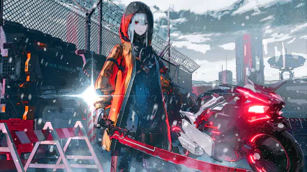 A fierce anime girl warrior in a red hooded jacket stands confidently near a futuristic motorcycle against a cityscape, rendered in high-definition anime style.