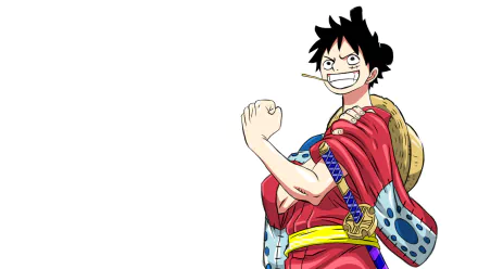 HD PC desktop wallpaper featuring Monkey D. Luffy from the anime One Piece, shown confidently with a clenched fist and wide grin against a white background.