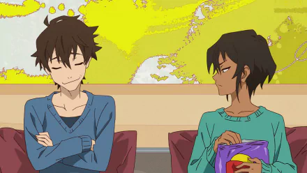 HD PC desktop wallpaper of Makoto Edamura and Abigail Jones from the anime Great Pretender, sitting on a couch against a bright yellow abstract background.