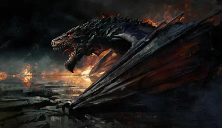 HD desktop wallpaper featuring a fierce dragon amidst a fiery, apocalyptic landscape, suitable as a dramatic background.